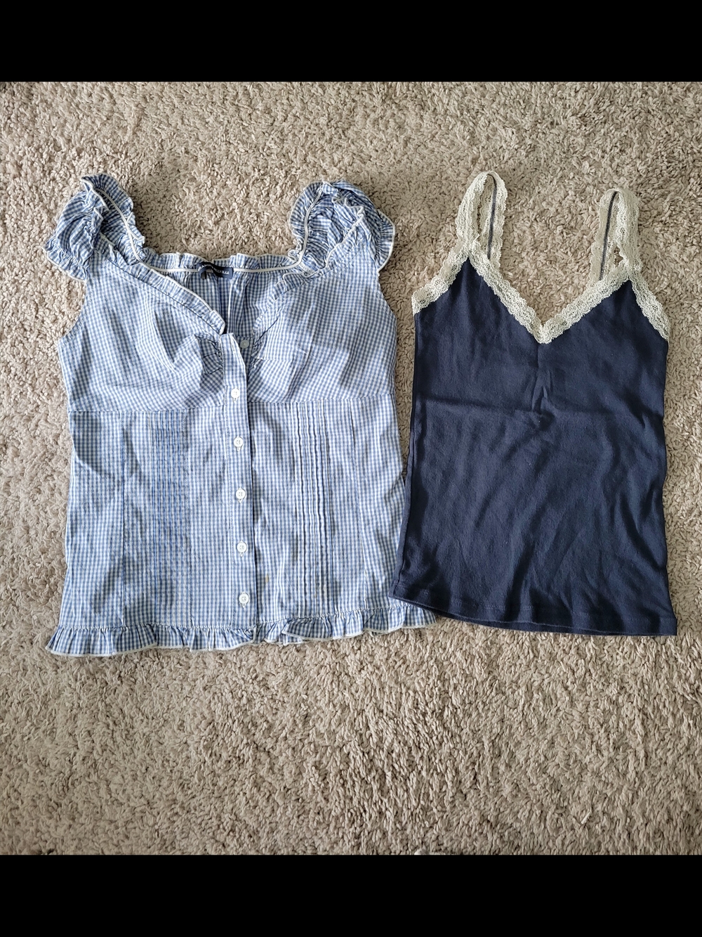 Brandy Melville Blue and White Gingham Ruffle Button Top